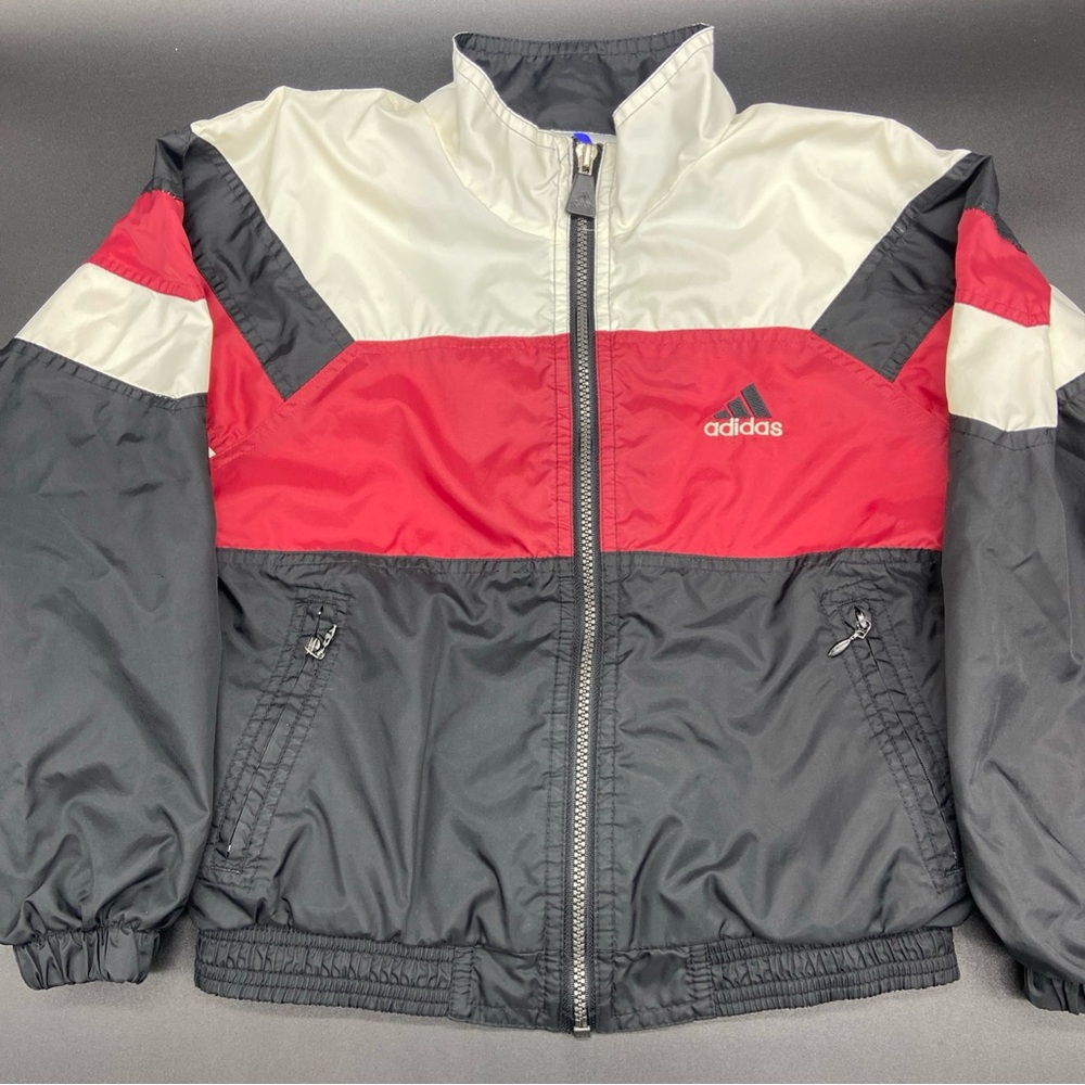 Vintage Adidas Youth Windbreaker Jacket Kids Boys Small Lined Red Full Zip Black